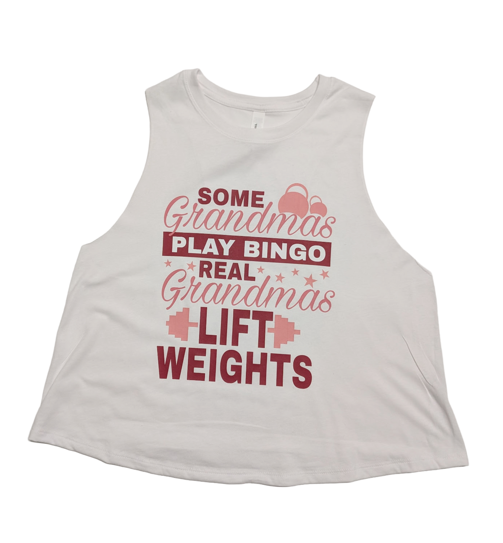 JAB Fitness “Grandmas Lift Weights” Cropped Tank – White